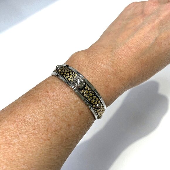 Henri Bendel Gold & Black Snake Pattern Cuff Bracelet With Silver Accents & Logo - Picture 2 of 4